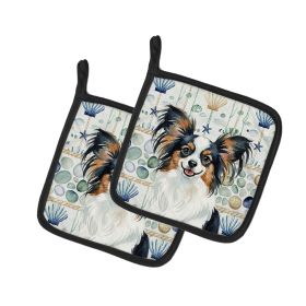 Tricolor Papillon Coastal Sea Glass Pair of Pot Holders Pair 7.5x7.5 Quilted Insulated Hot Pads Decorative Kitchen Gift Made in USA
