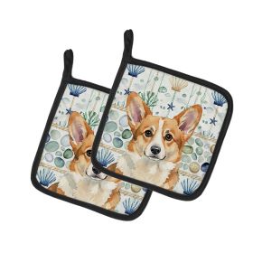 Corgi Coastal Sea Glass Pair of Pot Holders Pair 7.5x7.5 Quilted Insulated Hot Pads Decorative Kitchen Gift Made in USA