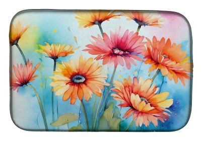 Gerbera Daisies in Watercolor Dish Drying Mat Absorbent Dish Drying Mat Pad for Kitchen Counter Dish Drainer Mat for Countertop, 14 x 21", Multic