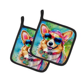 Corgi Hippie Dawg Pair of Pot Holders Kitchen Heat Resistant Pot Holders Sets Oven Hot Pads for Cooking Baking BBQ, 7 1/2 x 7 1/2