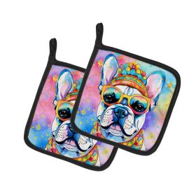 French Bulldog Hippie Dawg Pair of Pot Holders Kitchen Heat Resistant Pot Holders Sets Oven Hot Pads for Cooking Baking BBQ, 7 1/2 x 7 1/2